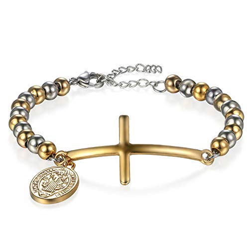 JewelryWe Schmuck Edelstahl Armband Kreuz Saint Benedikt Exorcism Katholische Kugelkette Armreif verstellbare Armkette Gold Silber für Herren Damen Ostern Geschenk