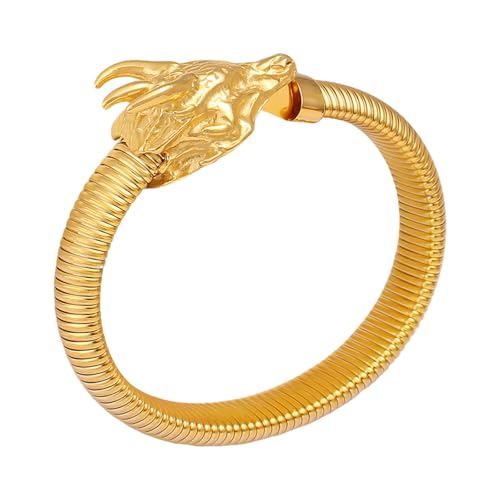 JewelryWe Drache Armband Gold Herren: Vergoldet Drachenkopf Chunky Manschette Armreif Offen Verstellbar Stretcharmband Edelstahl Elastische Schlangenkette Armspange Wikinger Schmuck Geschenk