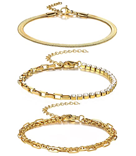 Emibele Armband Damen, 18K Vergoldet Edelstahl Verstellbar Armkette Set, 3 Stück Verschieden Gliederkette, Schmuck Geschenk für Frauen Freundin zu Geburtstag Muttertag Valentinstag, Gold