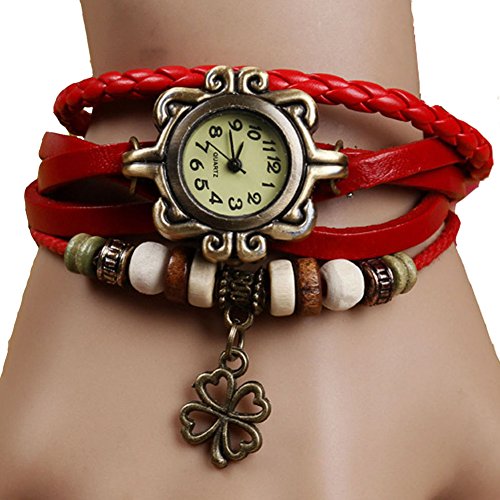 Ruikey Original Damen Vintage Uhren Webband Wickelarmband Lederarmband Armbanduhr Rot