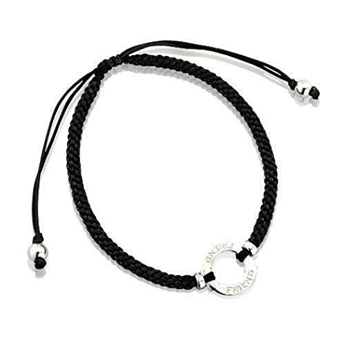 Freundschaftsarmband Sterling-Silber 925 Ring mit 'Friend' verstellbares Seidenband Schwarz
