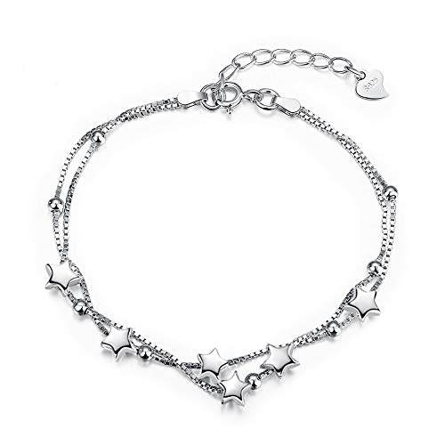 Elegant Perlen und Sterne Double Layered Armkettchen mit 925 Sterling Silber Armband Armkette Schmuck Verstellbar Armbänder für damen