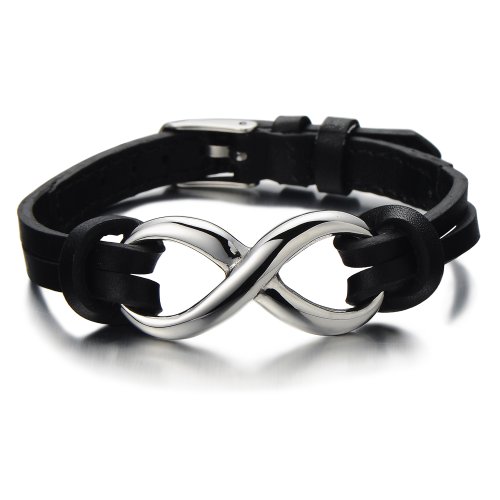 Infinity Unendlich Liebe Leder-Armband für Herren für Damen mit Edelstahl und Schwarz Echtes Leder